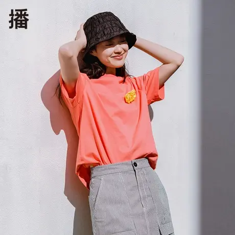 播2022夏季新款螺纹圆领可拆卸手钩花手勾花装饰T恤女DDP2YD4213商品大图