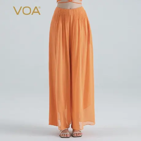 VOA桑蚕丝乔其纱深桔色自然腰斜插袋褶皱双层拼接百搭真丝阔腿裤商品大图