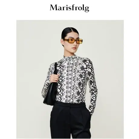 【设计感】玛丝菲尔春季新款半高领长袖T恤上衣打底衫内搭商品大图