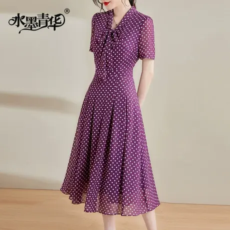 水墨青华飘带领裙子新款夏季时尚圆点大摆裙显瘦短袖连衣裙图片