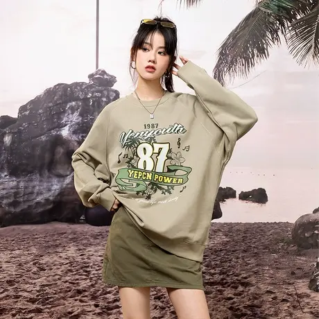 YEP印花圆领卫衣女潮ins设计感小众慵懒风春秋款宽松oversize外套商品大图