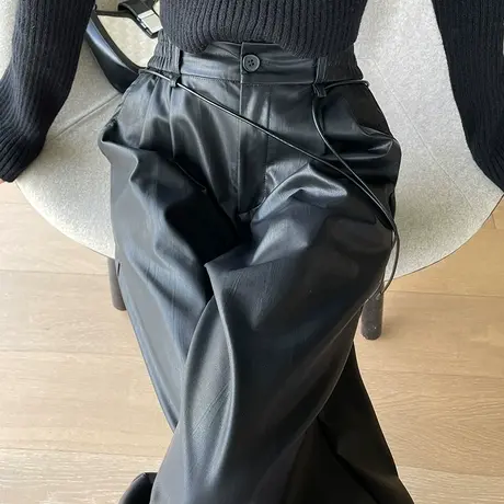 美式复古辣妹PU皮裤女秋冬新款休闲高腰宽松显瘦抽绳直筒阔腿裤子图片