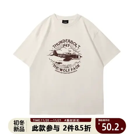 潮牌美式复古战斗机圆领短袖男欧美潮流休闲宽松慵懒纯棉T恤潮商品大图