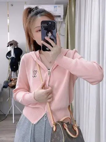 2023春季百搭刺绣双拉链针织衫连帽薄款显瘦新款上衣潮流爆款外穿商品大图