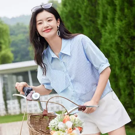 时尚气质短袖衬衫2023年夏季新款女士简约宽松显瘦通勤百搭上衣商品大图