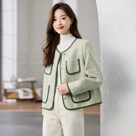 时尚气质外套2023年秋季新款女装圆领温柔百搭撞色长袖小香风上衣图片