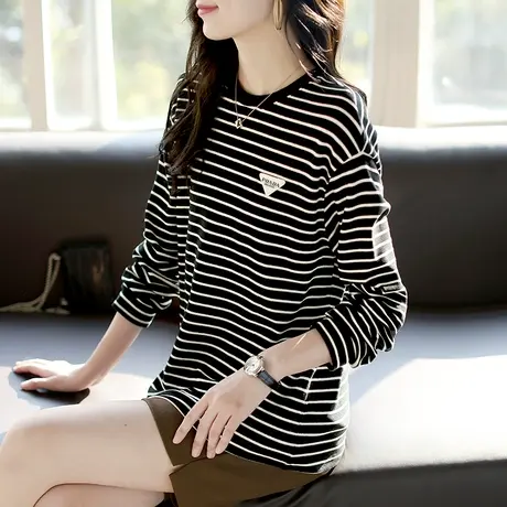宝诗黎圆领条纹双面绒打底针织衫2023新款百搭休闲长袖上衣女秋季图片