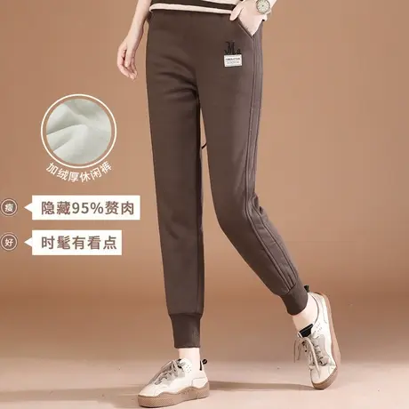 韩潮袭人松紧腰刺绣加绒运动长裤女2023冬新款宽松显瘦束脚卫裤图片