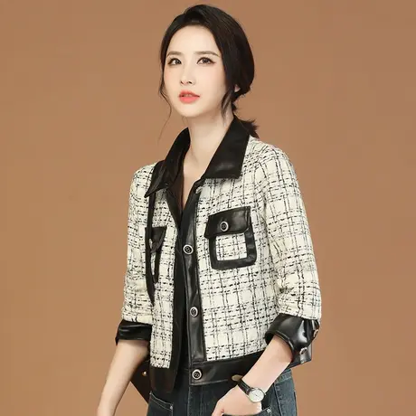 韩潮袭人小香风翻领拼接格纹毛呢外套女2023冬装新款休闲短款大衣图片