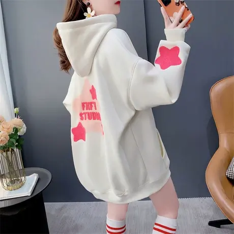 美式复古中长款加绒加厚连帽卫衣女2023秋冬新款宽松oversize外套商品大图