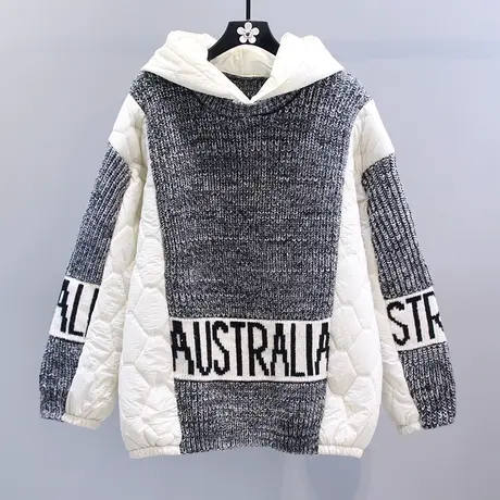 重工拼接针织连帽棉服女冬季2023新款宽松慵懒风加厚休闲毛衣外套图片