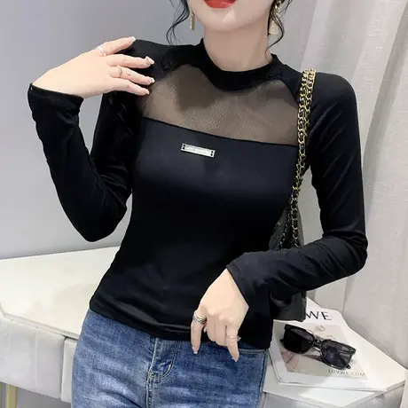 网纱拼接打底衫女长袖欧货性感镂空T恤ins潮百搭紧身高腰辣妹上衣商品大图