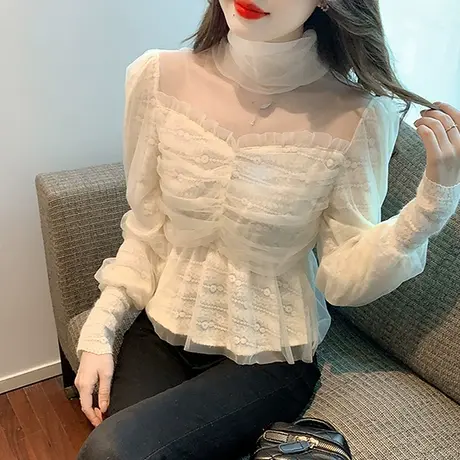 法式蕾丝拼接衬衫女春秋2024新款性感镂空打底衫仙女气质上衣长袖图片