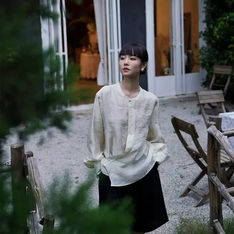 法式设计感衬衫2023秋季新款圆领长袖雪纺衫宽松显瘦新中式上衣女商品大图