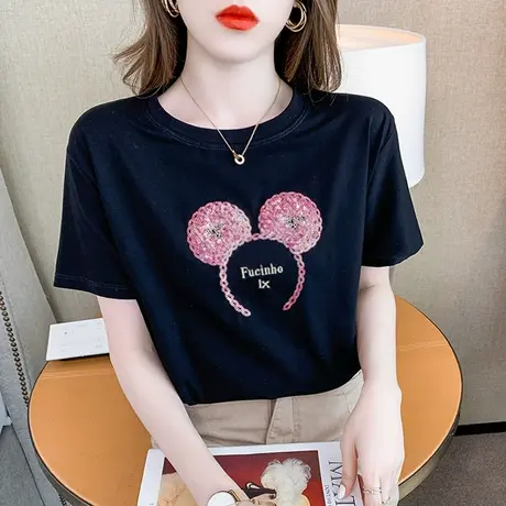 短袖t恤女装夏装2023新款卡通米奇印花体恤宽松半袖正肩纯棉上衣商品大图