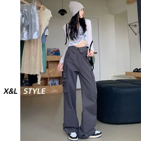 美式高腰灰色休闲工装裤女春秋2023新款设计感阔腿裤速干运动裤子图片