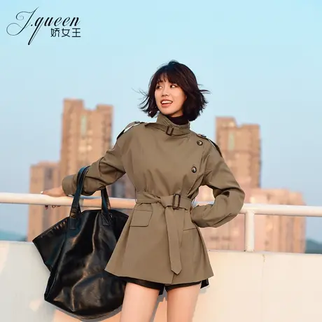 短款风衣女秋季加绒新款英伦立领收腰休闲气质中长款棉服工装外套商品大图