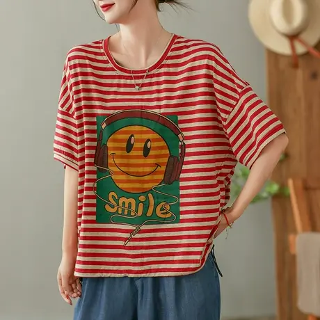 dza复古条纹短袖T恤女2023夏季薄款圆领打底体恤宽松显瘦套头上衣商品大图