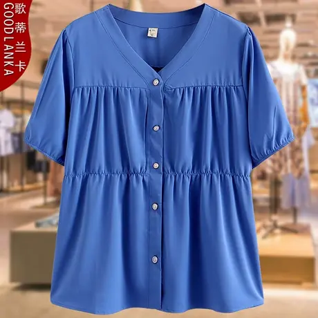 40-50岁中年胖妈妈夏季雪纺衫上衣200斤大码宽松时尚V领短袖衬衫商品大图