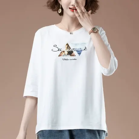 纯棉t恤七分袖加肥加大码女装宽松中年妈妈印花百搭显瘦中袖上衣商品大图