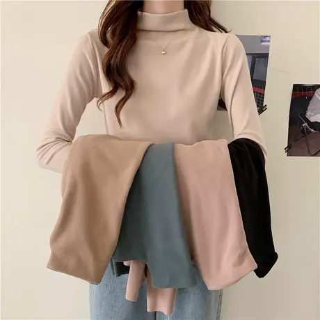 半高领德绒打底衫长袖t恤女2020秋冬加绒加厚内搭百搭洋气上衣服商品大图