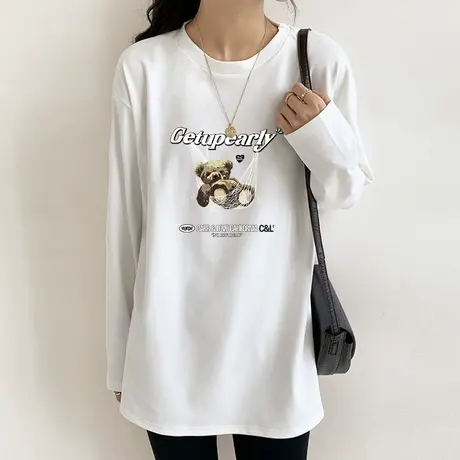 磨毛加厚长袖上衣T恤女2022秋冬新款圆领印花休闲韩版纯棉打底衫商品大图