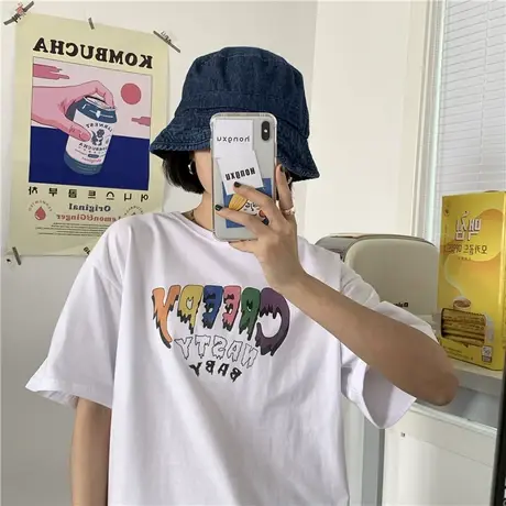 2020夏季韩版新款宽松学院BF风百搭字母印花纯棉短袖T恤女上衣潮图片