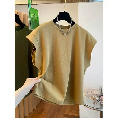 韩系设计感小众飞飞袖t恤女短袖宽松纯棉无袖体恤落肩袖上衣夏季商品大图