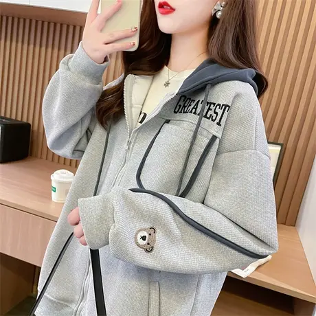 设计感小众华夫格外套女春秋季韩版宽松薄款小个子撞色开衫卫衣潮商品大图