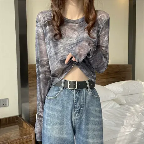 扎染薄款网纱长袖防晒t恤女早秋季设计感小众正肩上衣内搭打底衫图片