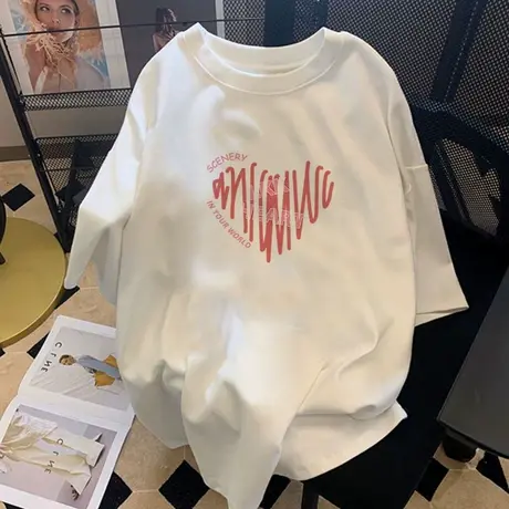 国潮卡通t恤女大码oversize胖mm显瘦遮肉短袖别致白色纯棉上衣ins商品大图