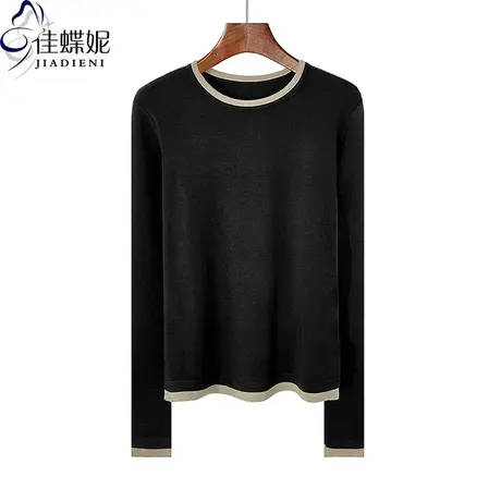 秋冬新款圆领撞色拼接纯棉纯色宽松休闲简约长袖体恤上衣女打底衫商品大图