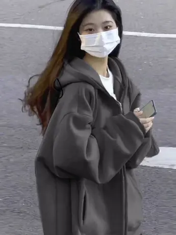 秋冬季加绒连帽卫衣女oversize大码韩系简约风ins潮纯色开衫外套商品大图