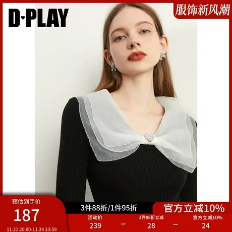 DPLAY早秋装新雅泡泡纱蝴蝶结领闪钻爱心黑色中袖针织衫图片