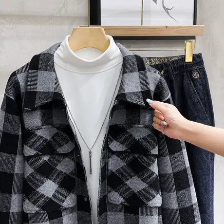 2023年新款男装编织外穿翻领毛呢夹克男士格子小香风保暖呢子外套图片