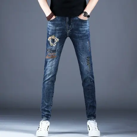 烫钻潮牌潮流裤子男修身小脚牛仔裤男款2023新款秋冬男裤休闲弹力商品大图