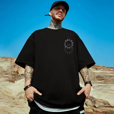 潮牌宽松T恤胖子短袖男加肥加大五分袖纯棉美式重磅大码男装夏季图片