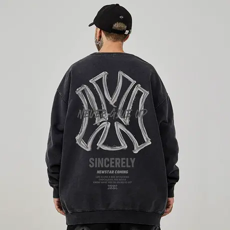 美式复古嘻哈大码卫衣男新款春秋款ins纯棉重磅做旧高街外套加绒图片