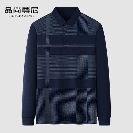 【舒适亲肤】男士爸爸衣服秋装上衣经典格纹翻领中老年长袖T恤衫商品大图