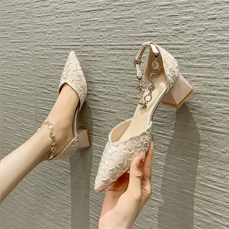 高跟鞋女2024年夏季新款百搭一字带包头凉鞋粗跟性感气质尖头单鞋图片