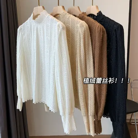 享永子【满身花藤刺绣】植绒蕾丝半高领花边设计上衣叠穿长袖秋冬商品大图