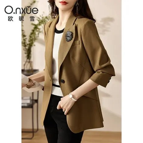 欧昵雪2024春秋新款复古翻驳领西装外套女长袖直筒职场正装小西服商品大图