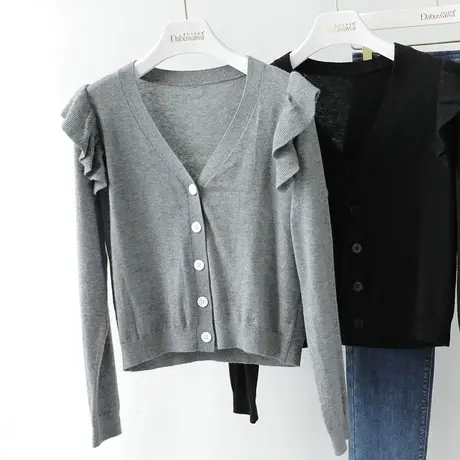 【直播】粉红大布娃娃柔软荷叶边针织薄开衫商品大图