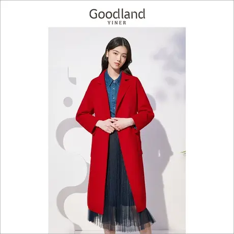 *Goodland女装2022冬季系带中长款双面毛呢外套商品大图