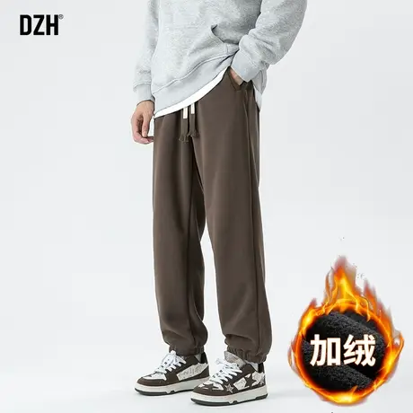 男士咖啡色卫裤男冬季加绒2024新款束脚休闲摇粒绒裤子高街运动潮商品大图