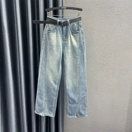 欧货原创牛仔直筒裤女2024春季新款高腰显瘦裤脚开叉阔腿拖地裤潮图片