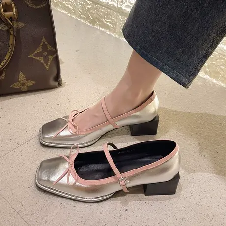 法式银色浅口单鞋女2024年春夏季时尚粗跟一字扣中跟拼色玛丽珍鞋商品大图