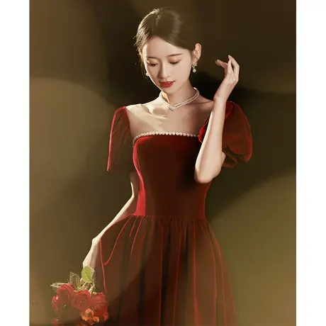 在逃公主敬酒服新娘2023新款冬季丝绒显瘦法式订婚礼服连衣裙高级商品大图