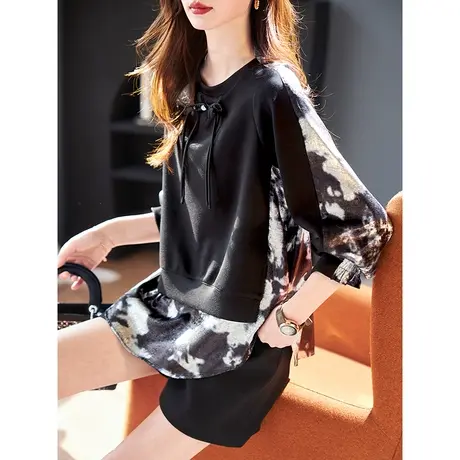 宝诗黎圆领亮丝拼接宽松卫衣女2024春季新款设计感显瘦休闲上衣潮商品大图