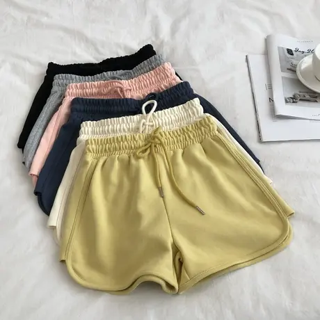 巨好穿。舒适棉质毛圈纯色高腰健身运动短裤女宽松阔腿休闲热裤夏图片